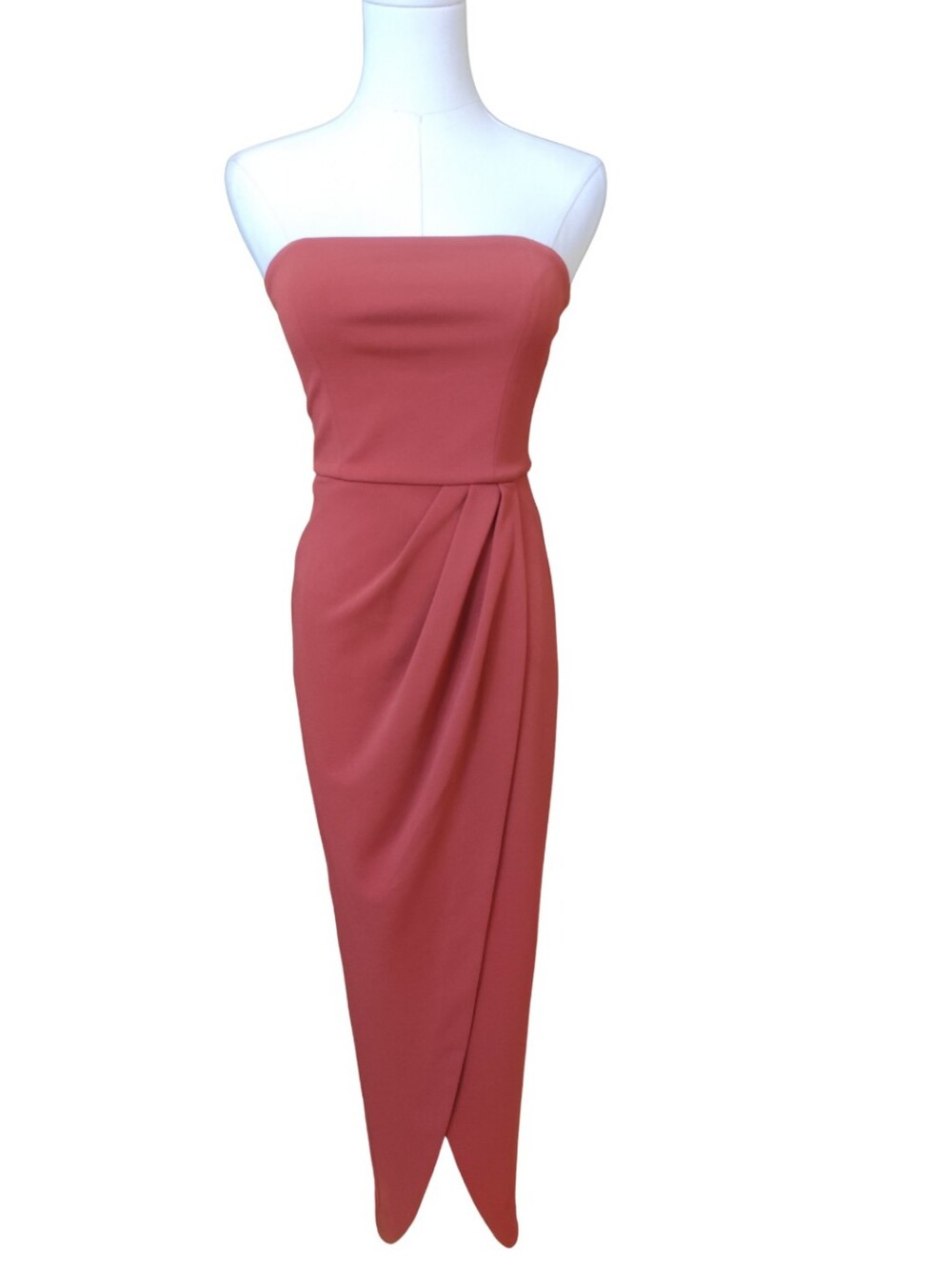 Wayf Strapless Rose-Coral Tulip Hem Midi Dress